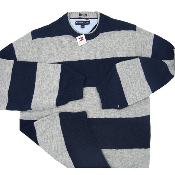 NEW Tommy Hilfiger Lambswool Sweater! M  Navy & Gray Stripe  Tommy Flag  Heavier - Picture 1 of 1